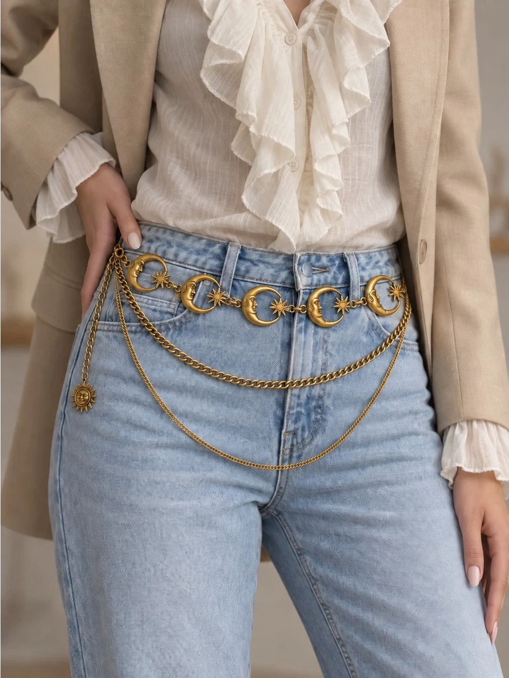 Vintage Celestial Moon & Star Layered Waist Chain Belt